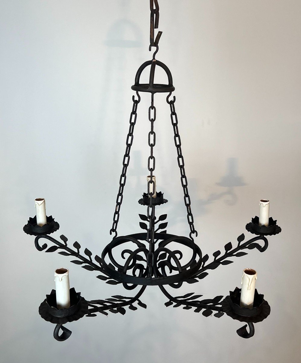 5 Arms Wrought Iron Chandelier With Leaves. French Work. Circa 1950-photo-8