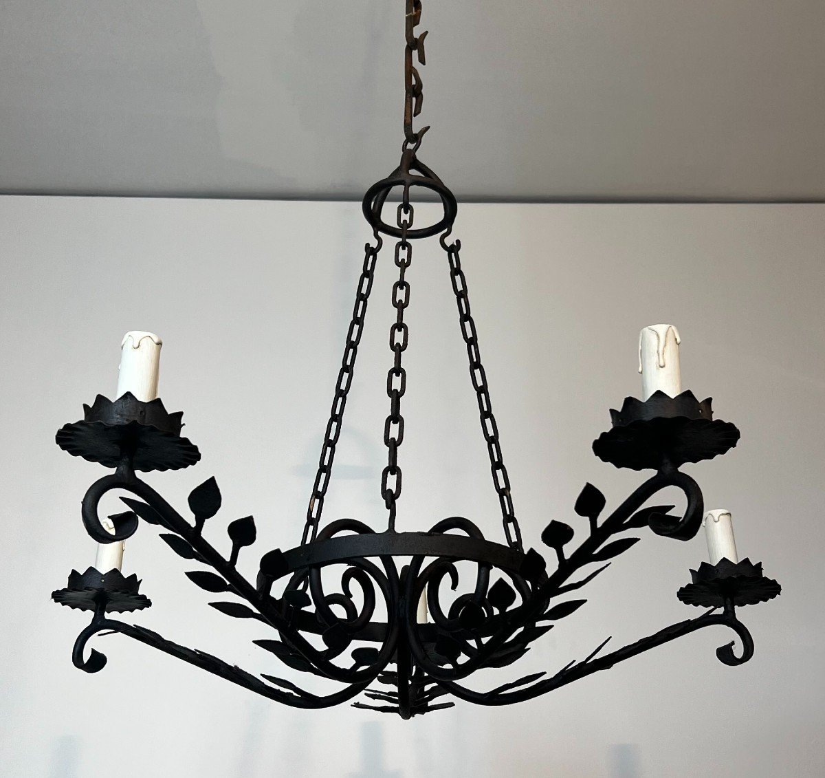 5 Arms Wrought Iron Chandelier With Leaves. French Work. Circa 1950