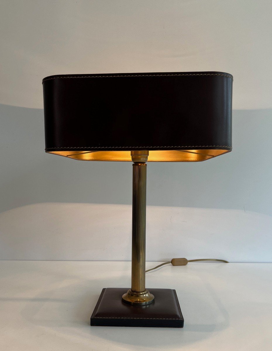 Brown Leather And Brass Desk Lamp. French Work In The Style Of Jacques Adnet. Circa 1970-photo-2