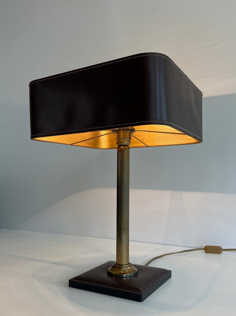 Brown Leather And Brass Desk Lamp. French Work In The Style Of Jacques Adnet. Circa 1970-photo-3