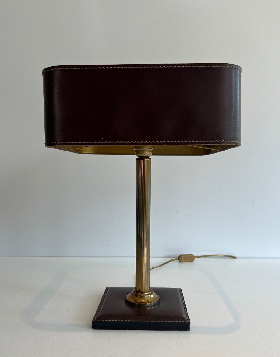 Brown Leather And Brass Desk Lamp. French Work In The Style Of Jacques Adnet. Circa 1970-photo-4