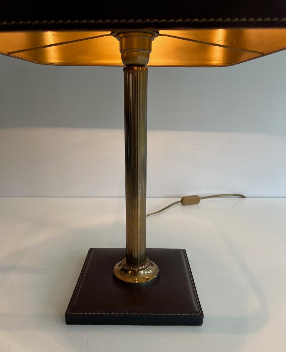 Brown Leather And Brass Desk Lamp. French Work In The Style Of Jacques Adnet. Circa 1970-photo-1