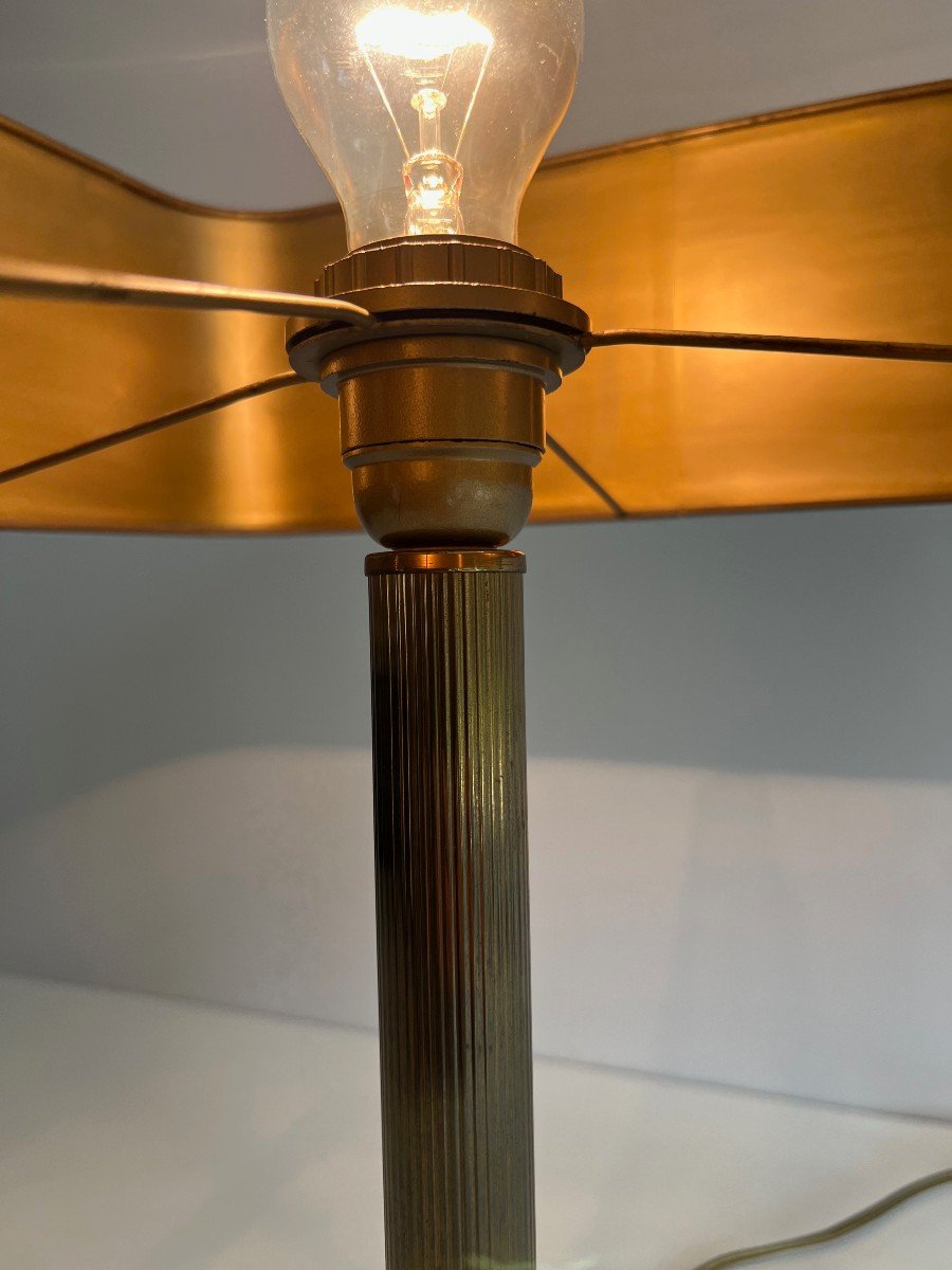 Brown Leather And Brass Desk Lamp. French Work In The Style Of Jacques Adnet. Circa 1970-photo-2