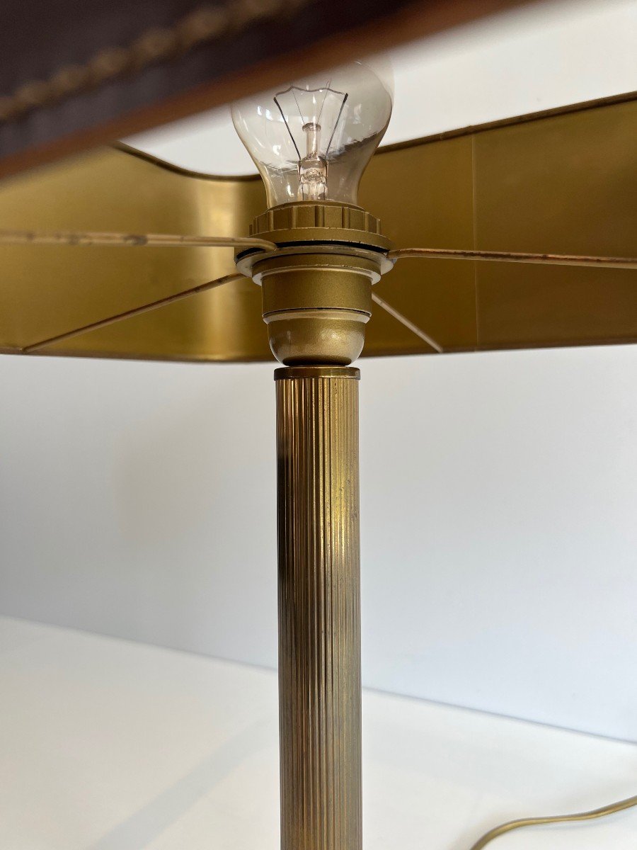 Brown Leather And Brass Desk Lamp. French Work In The Style Of Jacques Adnet. Circa 1970-photo-3