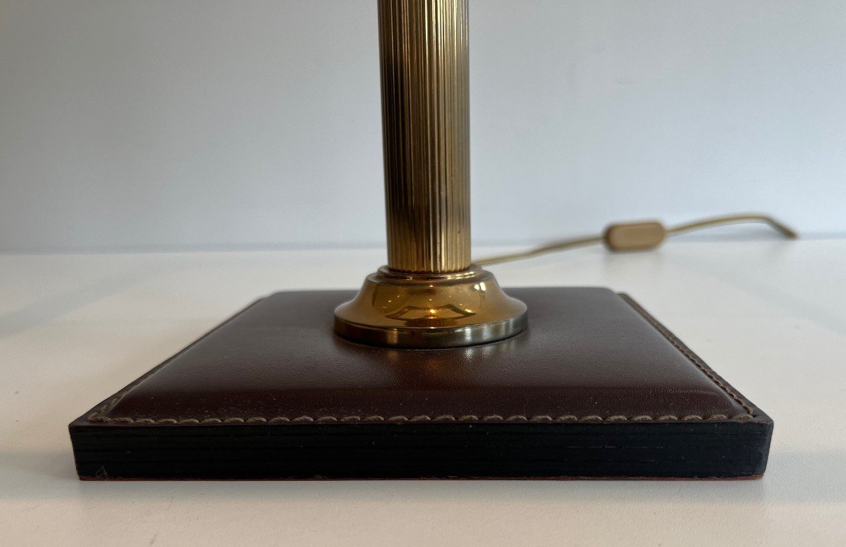 Brown Leather And Brass Desk Lamp. French Work In The Style Of Jacques Adnet. Circa 1970-photo-4