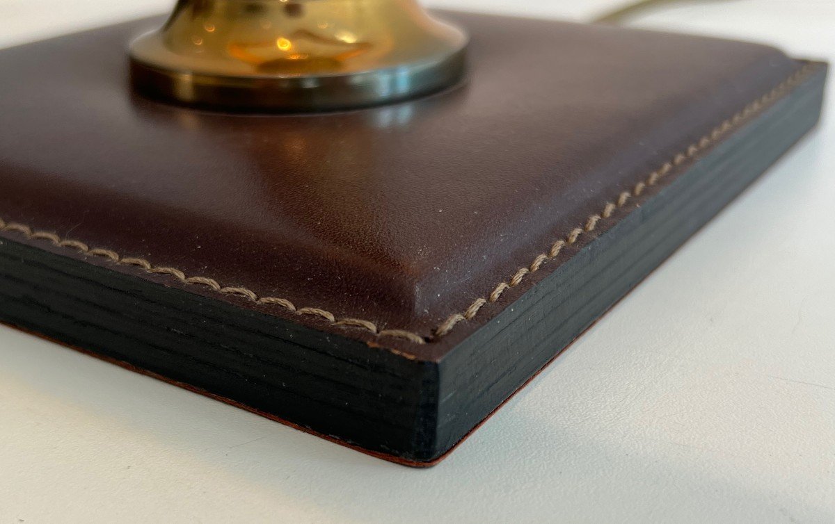 Brown Leather And Brass Desk Lamp. French Work In The Style Of Jacques Adnet. Circa 1970-photo-6