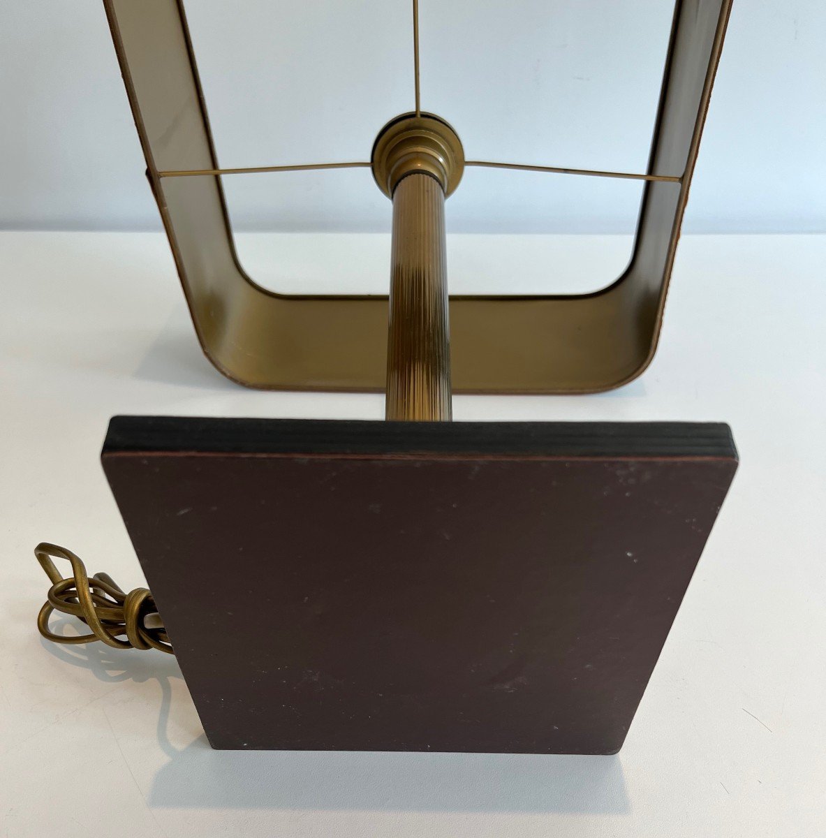 Brown Leather And Brass Desk Lamp. French Work In The Style Of Jacques Adnet. Circa 1970-photo-7