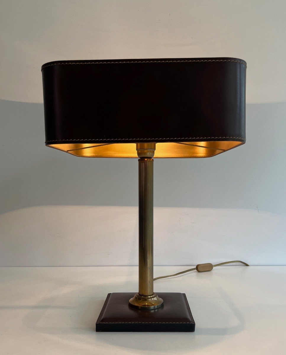 Brown Leather And Brass Desk Lamp. French Work In The Style Of Jacques Adnet. Circa 1970-photo-8