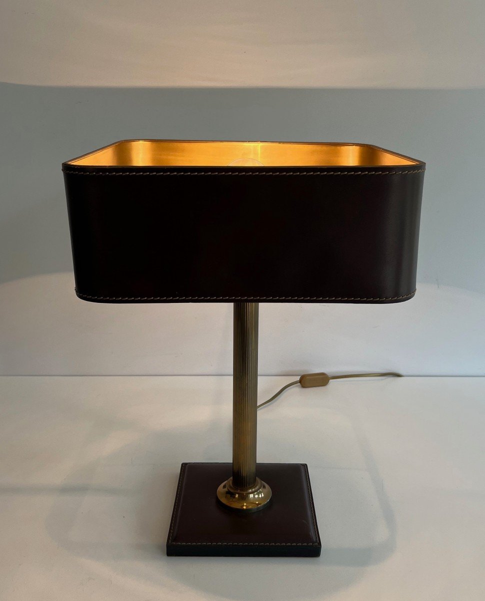 Brown Leather And Brass Desk Lamp. French Work In The Style Of Jacques Adnet. Circa 1970