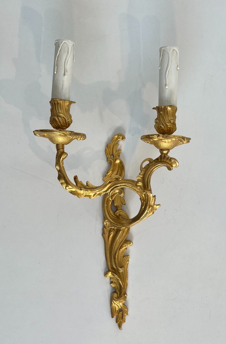 Pair Of Gold Gilt Bronze Sconces. French Work In The Style Of Louis The 15th. Circa 1940-photo-2