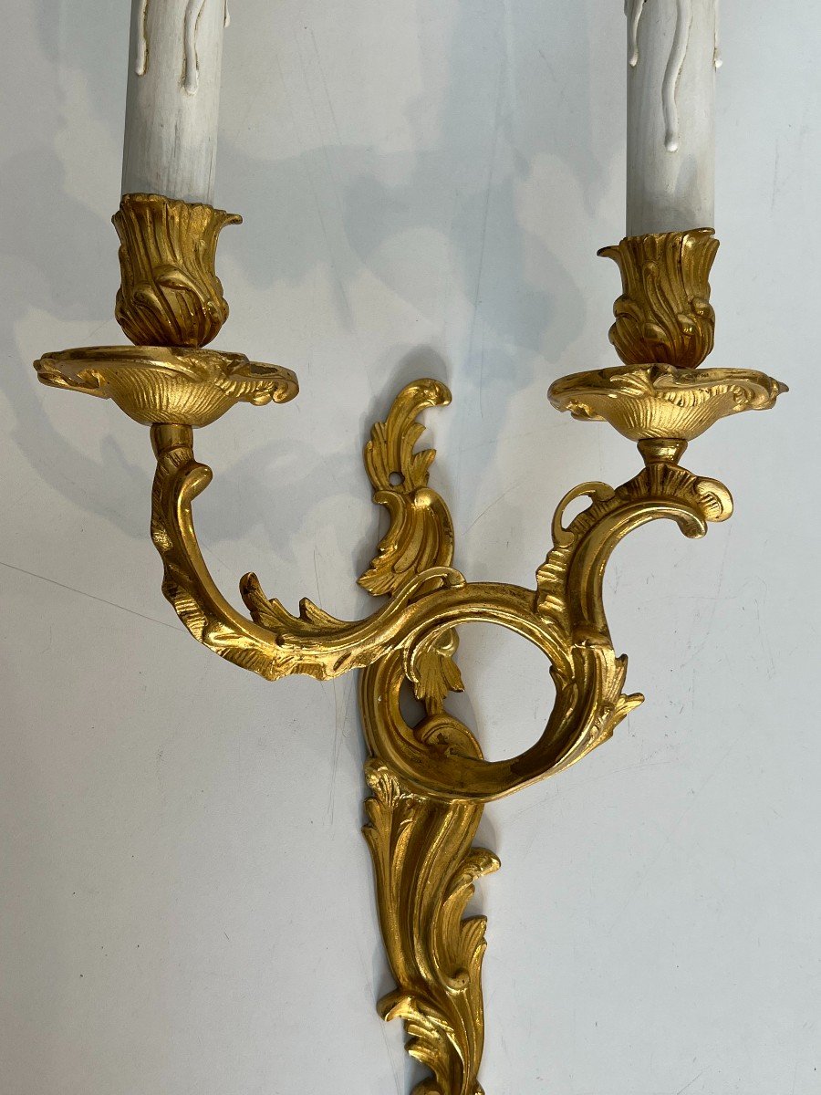 Pair Of Gold Gilt Bronze Sconces. French Work In The Style Of Louis The 15th. Circa 1940-photo-3