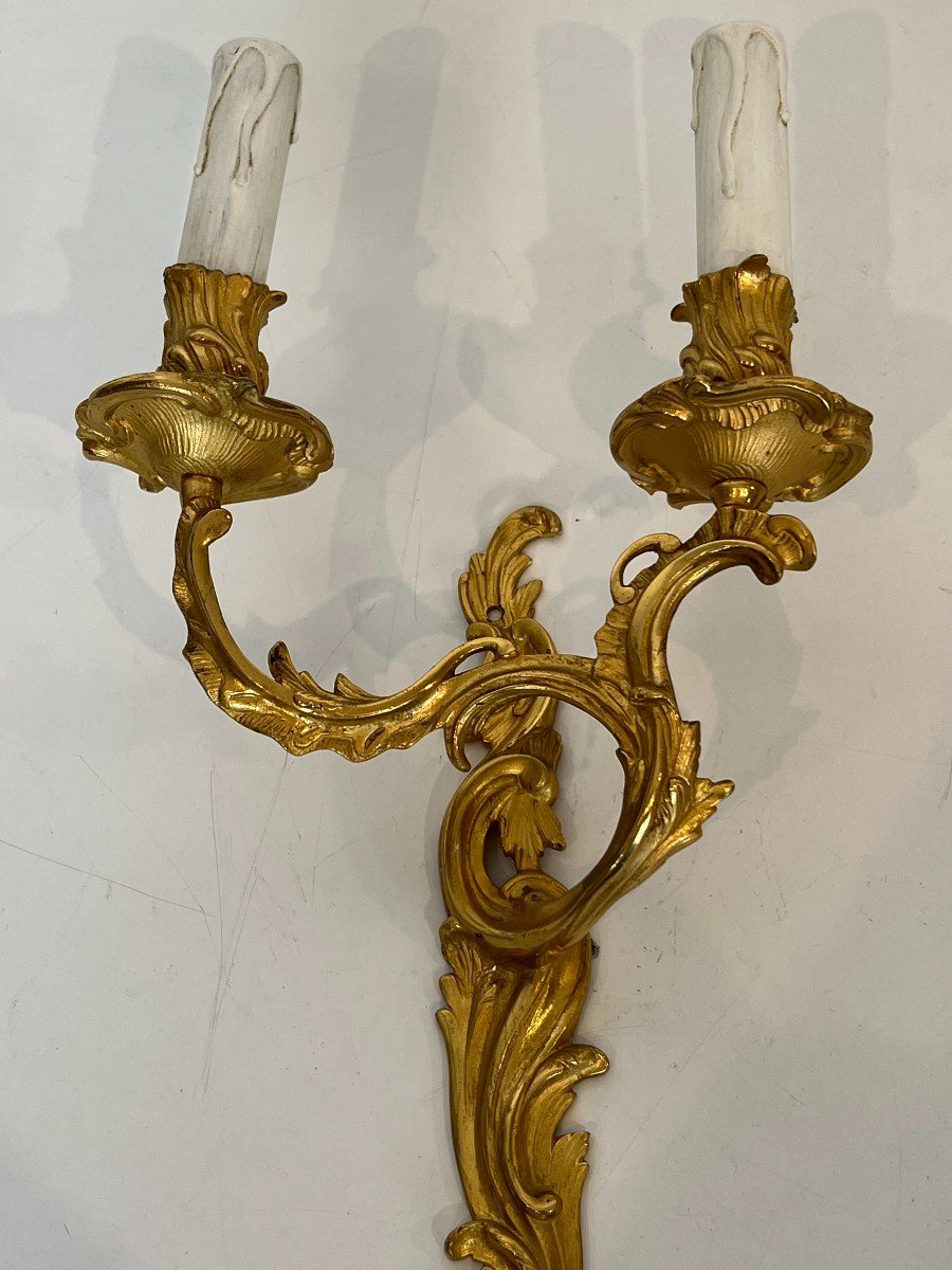 Pair Of Gold Gilt Bronze Sconces. French Work In The Style Of Louis The 15th. Circa 1940-photo-4