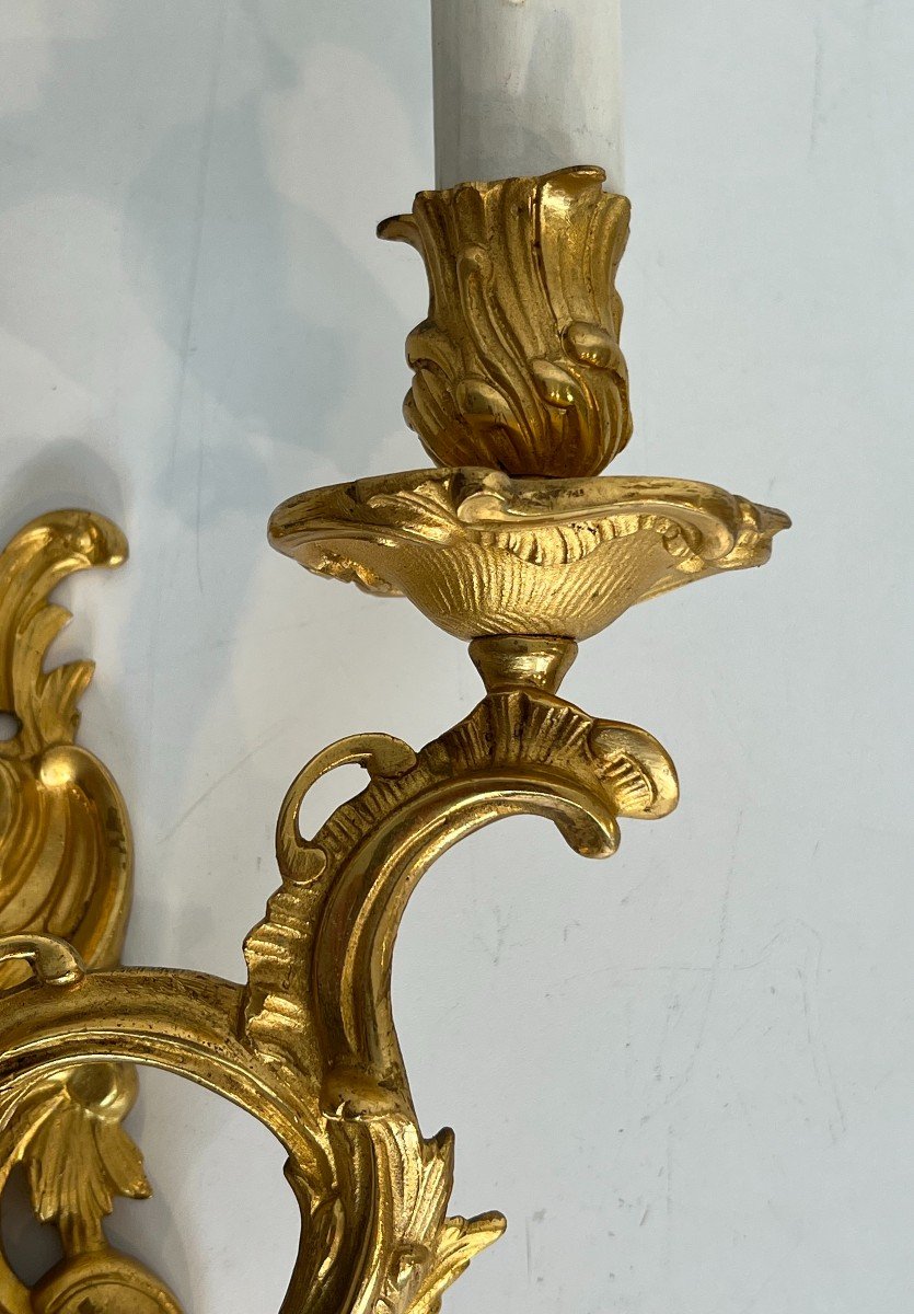 Pair Of Gold Gilt Bronze Sconces. French Work In The Style Of Louis The 15th. Circa 1940-photo-3