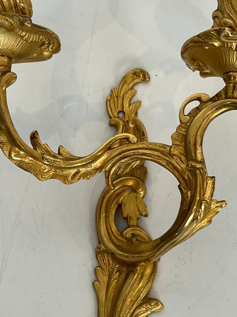 Pair Of Gold Gilt Bronze Sconces. French Work In The Style Of Louis The 15th. Circa 1940-photo-5