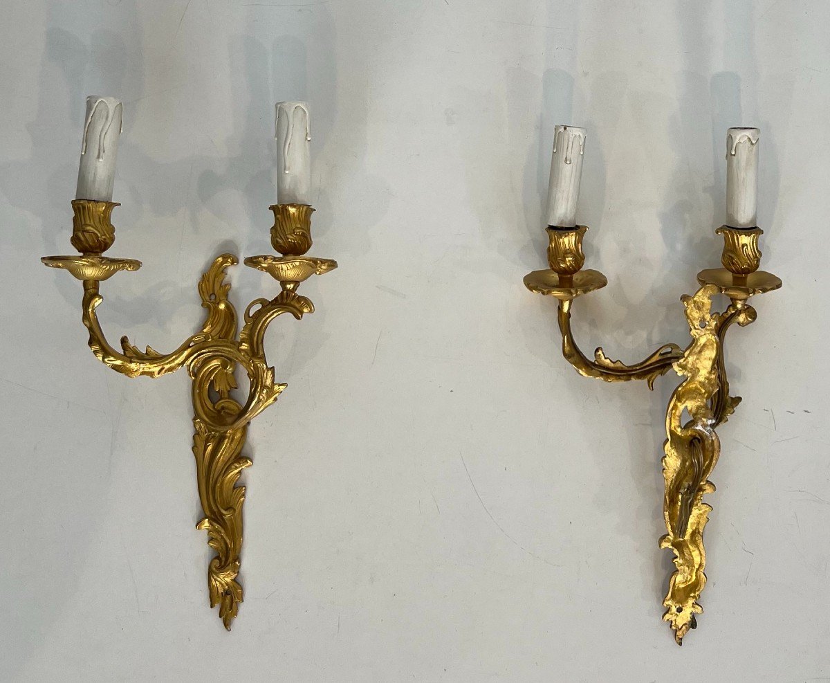 Pair Of Gold Gilt Bronze Sconces. French Work In The Style Of Louis The 15th. Circa 1940-photo-7