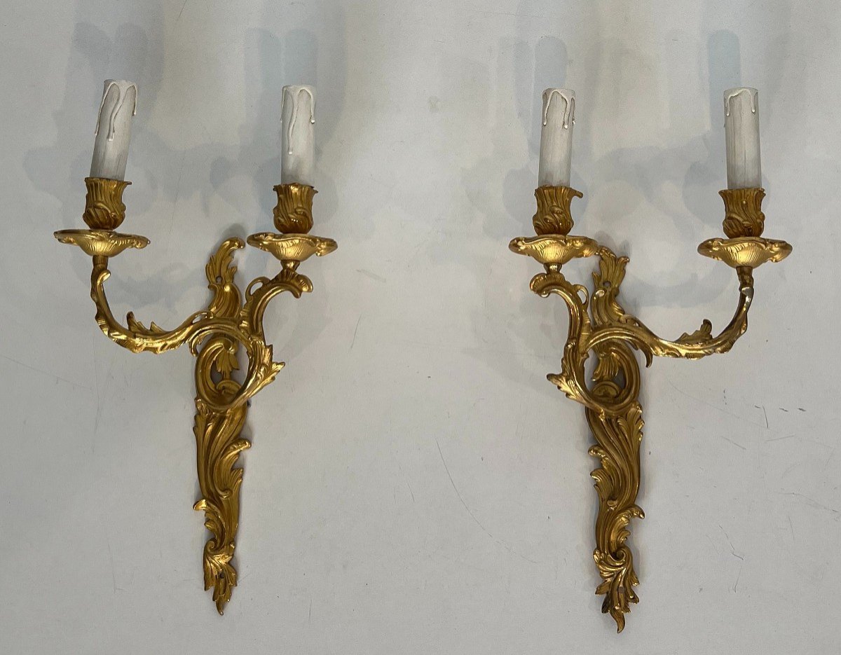 Pair Of Gold Gilt Bronze Sconces. French Work In The Style Of Louis The 15th. Circa 1940-photo-8