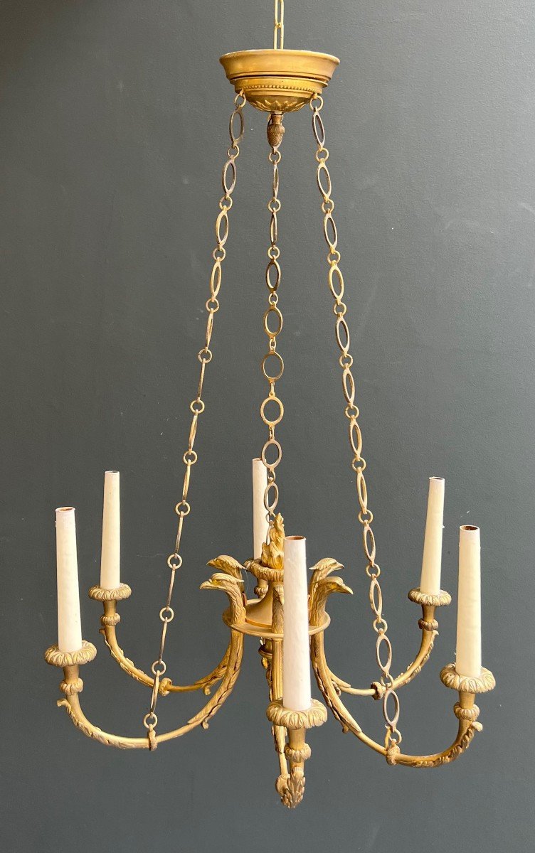 6 Arms Empire Style Bronze Chandelier With Royal Eagle Heads And Flame. French Work. Circa 1900-photo-2