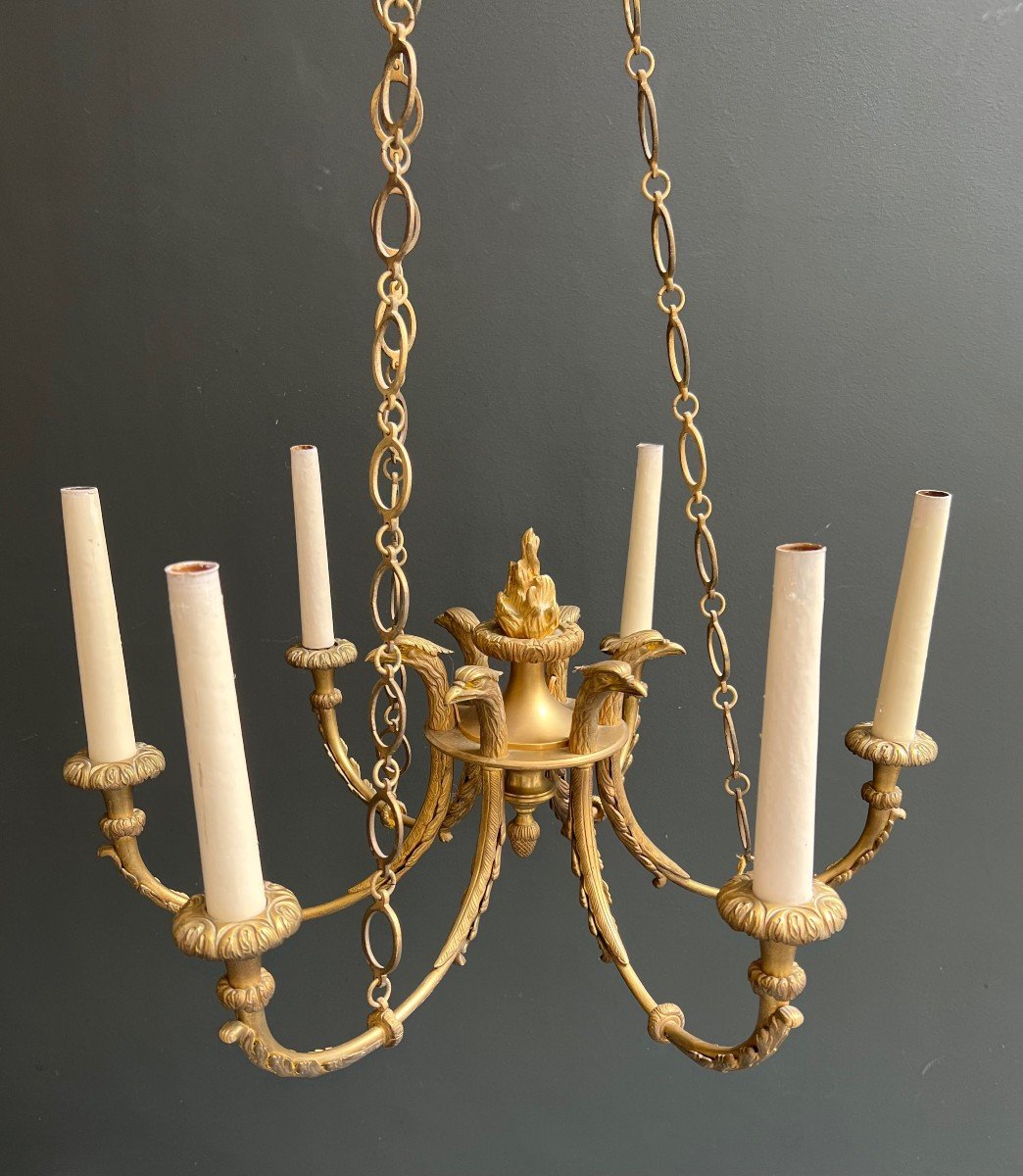 6 Arms Empire Style Bronze Chandelier With Royal Eagle Heads And Flame. French Work. Circa 1900-photo-1