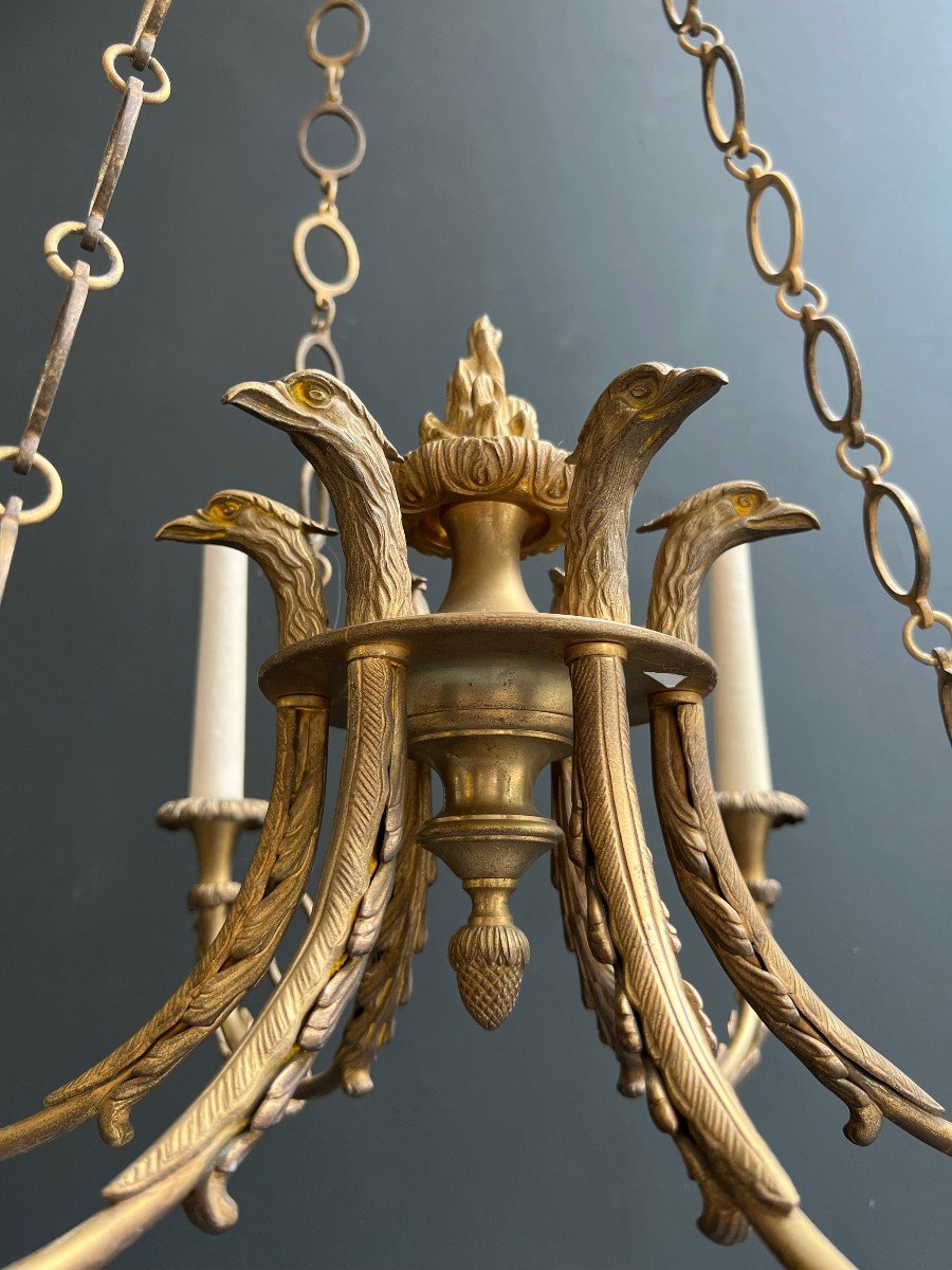 6 Arms Empire Style Bronze Chandelier With Royal Eagle Heads And Flame. French Work. Circa 1900-photo-2