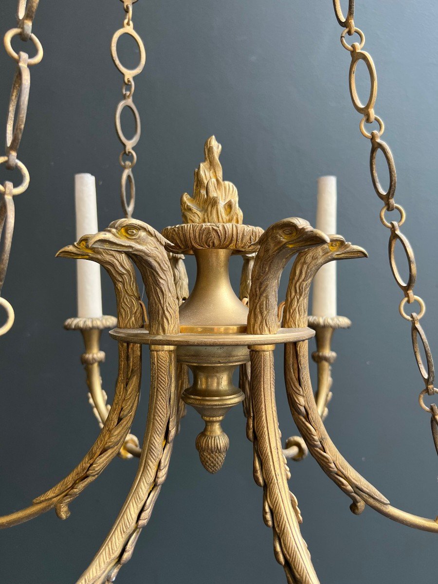 6 Arms Empire Style Bronze Chandelier With Royal Eagle Heads And Flame. French Work. Circa 1900-photo-3