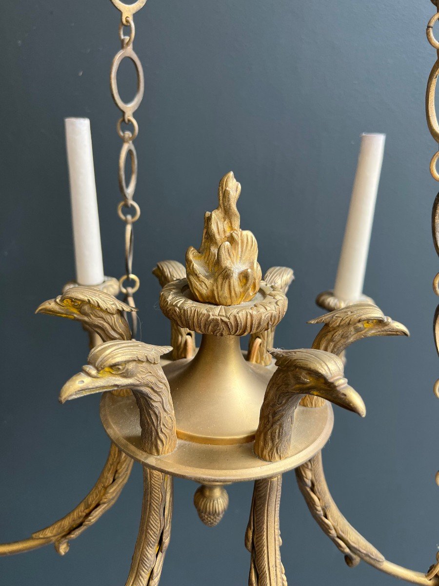 6 Arms Empire Style Bronze Chandelier With Royal Eagle Heads And Flame. French Work. Circa 1900-photo-4