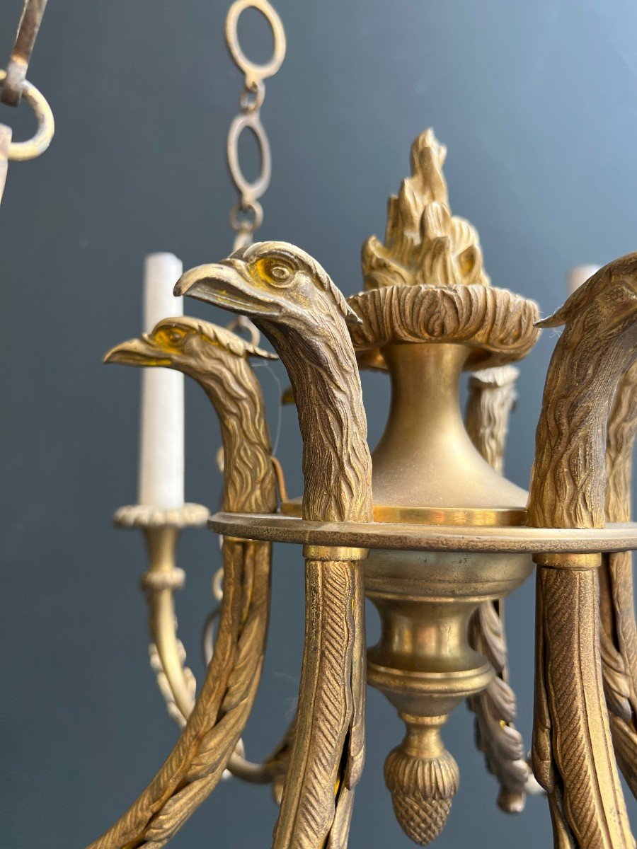 6 Arms Empire Style Bronze Chandelier With Royal Eagle Heads And Flame. French Work. Circa 1900-photo-5