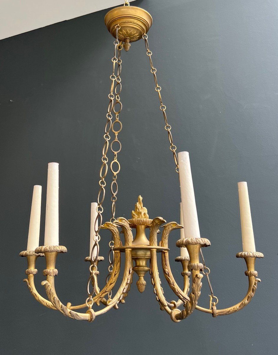 6 Arms Empire Style Bronze Chandelier With Royal Eagle Heads And Flame. French Work. Circa 1900-photo-8