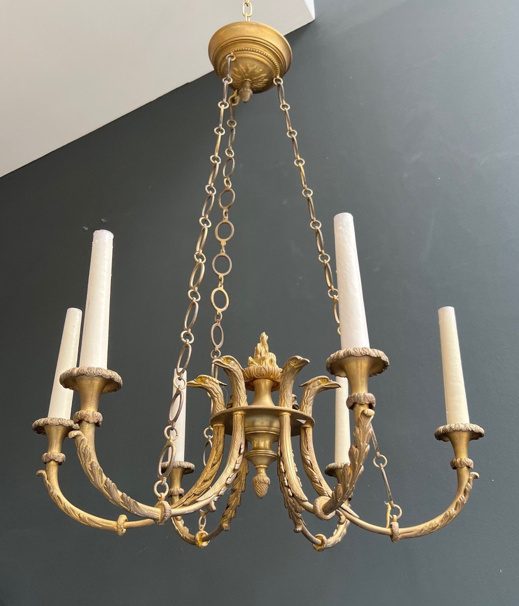 6 Arms Empire Style Bronze Chandelier With Royal Eagle Heads And Flame. French Work. Circa 1900