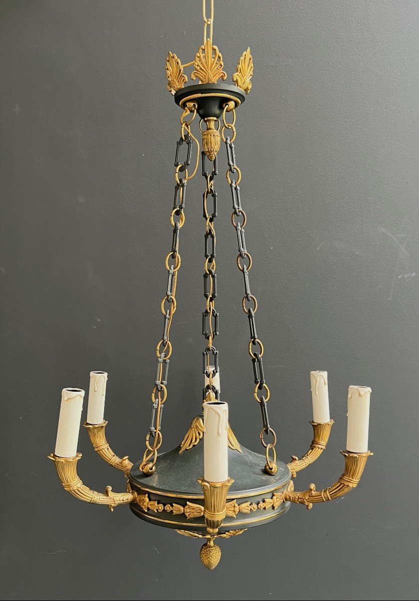 Empire Style Chandelier Made Of Green Sheet Metal And Gilded Bronzes Decorated With Ornaments -photo-3