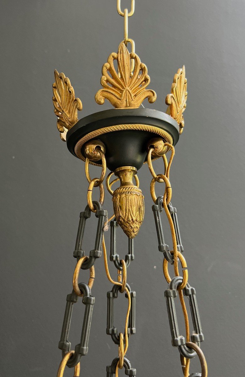 Empire Style Chandelier Made Of Green Sheet Metal And Gilded Bronzes Decorated With Ornaments -photo-1