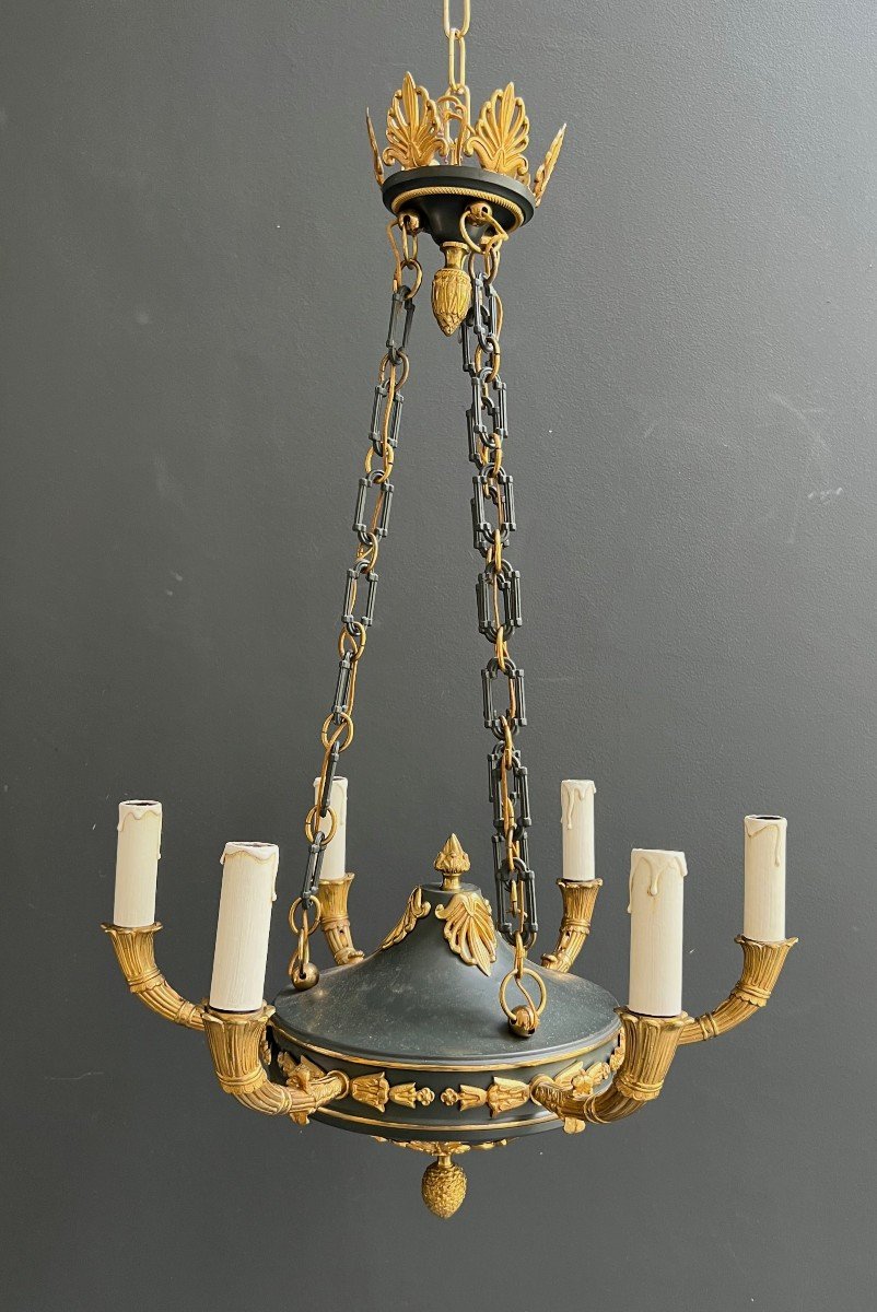 Empire Style Chandelier Made Of Green Sheet Metal And Gilded Bronzes Decorated With Ornaments -photo-8