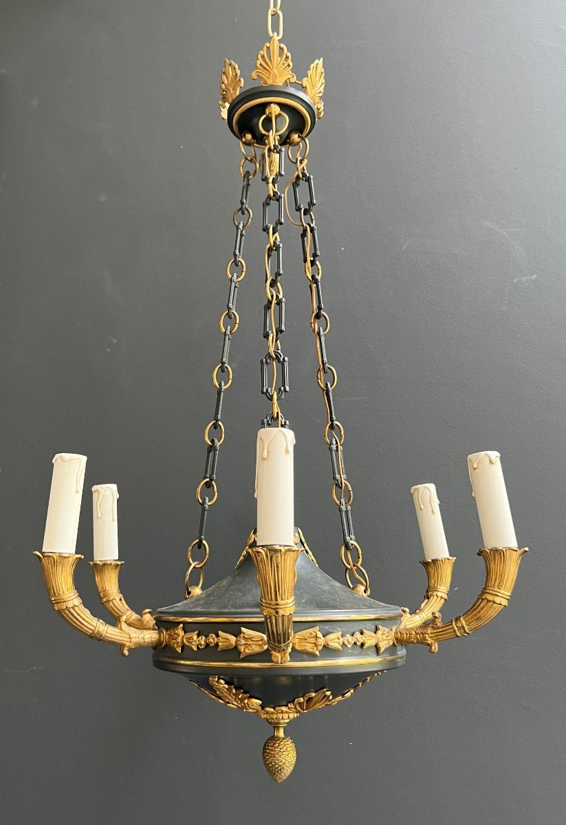 Empire Style Chandelier Made Of Green Sheet Metal And Gilded Bronzes Decorated With Ornaments 