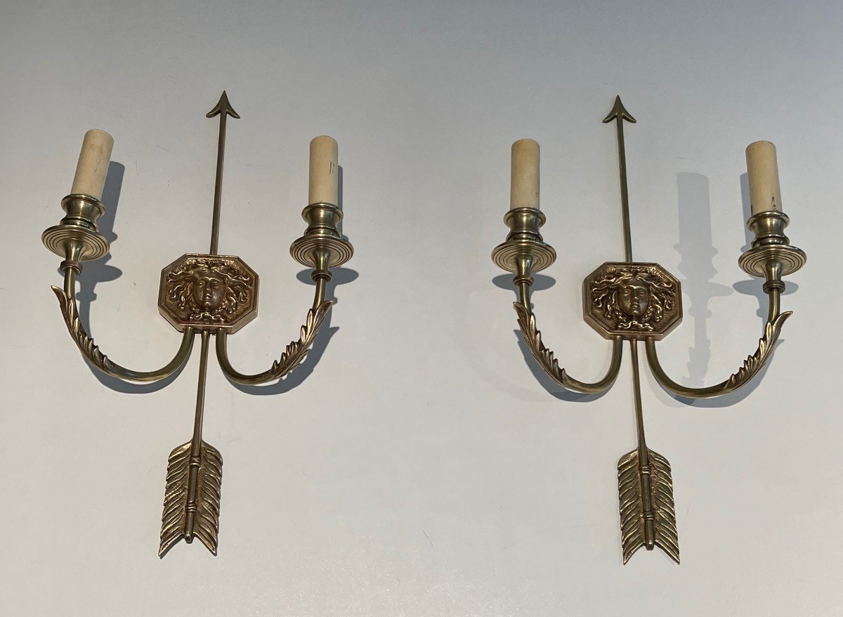 Pair Of Bronze Wall Sconces Presenting A Bronze Arrow Bearing The Effigy Of The Sun King. -photo-2