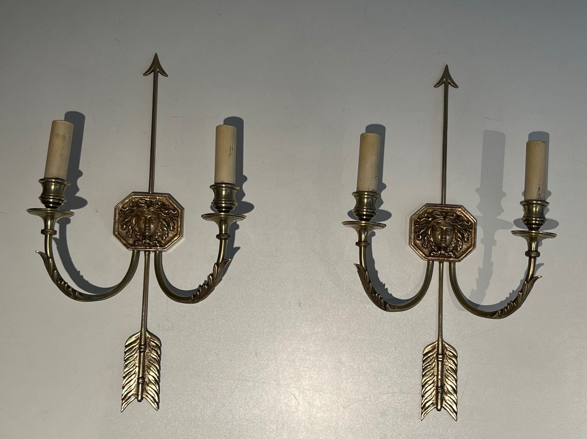 Pair Of Bronze Wall Sconces Presenting A Bronze Arrow Bearing The Effigy Of The Sun King. -photo-3