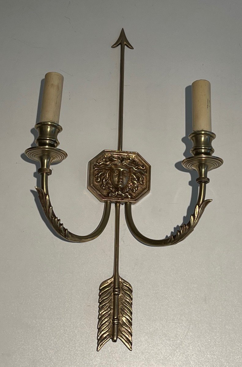 Pair Of Bronze Wall Sconces Presenting A Bronze Arrow Bearing The Effigy Of The Sun King. -photo-4