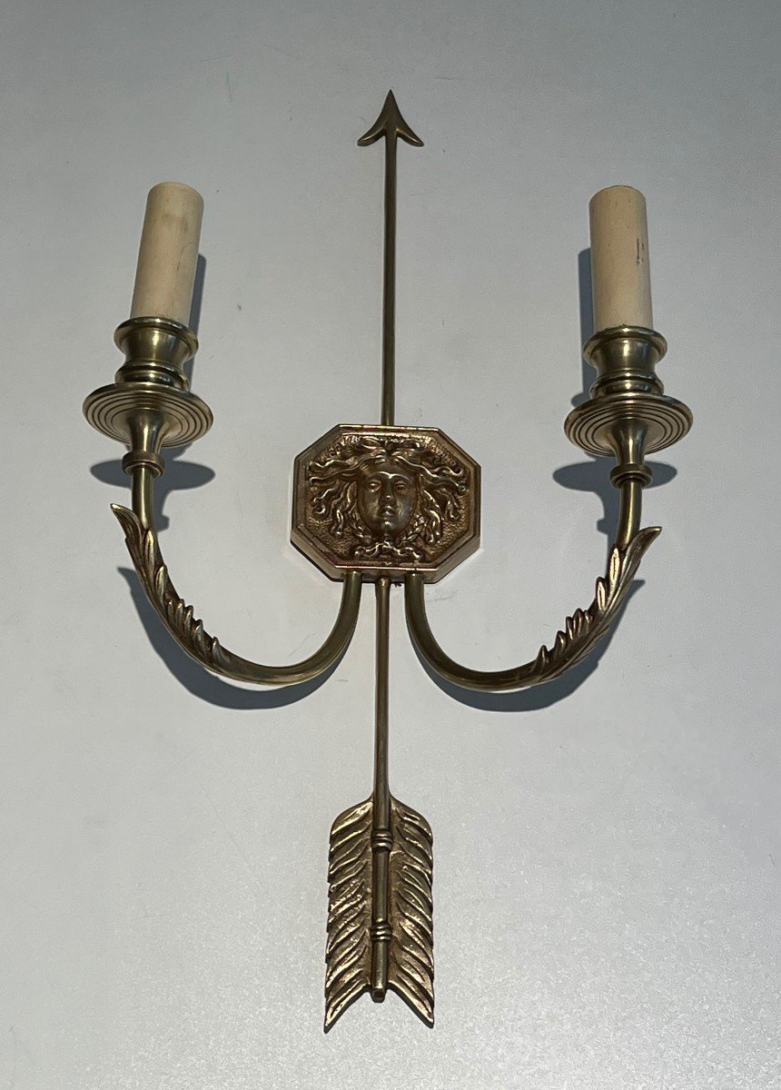 Pair Of Bronze Wall Sconces Presenting A Bronze Arrow Bearing The Effigy Of The Sun King. -photo-1