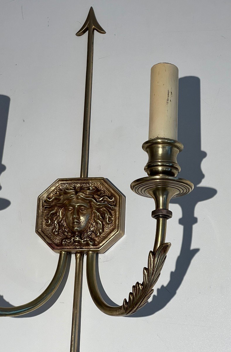 Pair Of Bronze Wall Sconces Presenting A Bronze Arrow Bearing The Effigy Of The Sun King. -photo-2