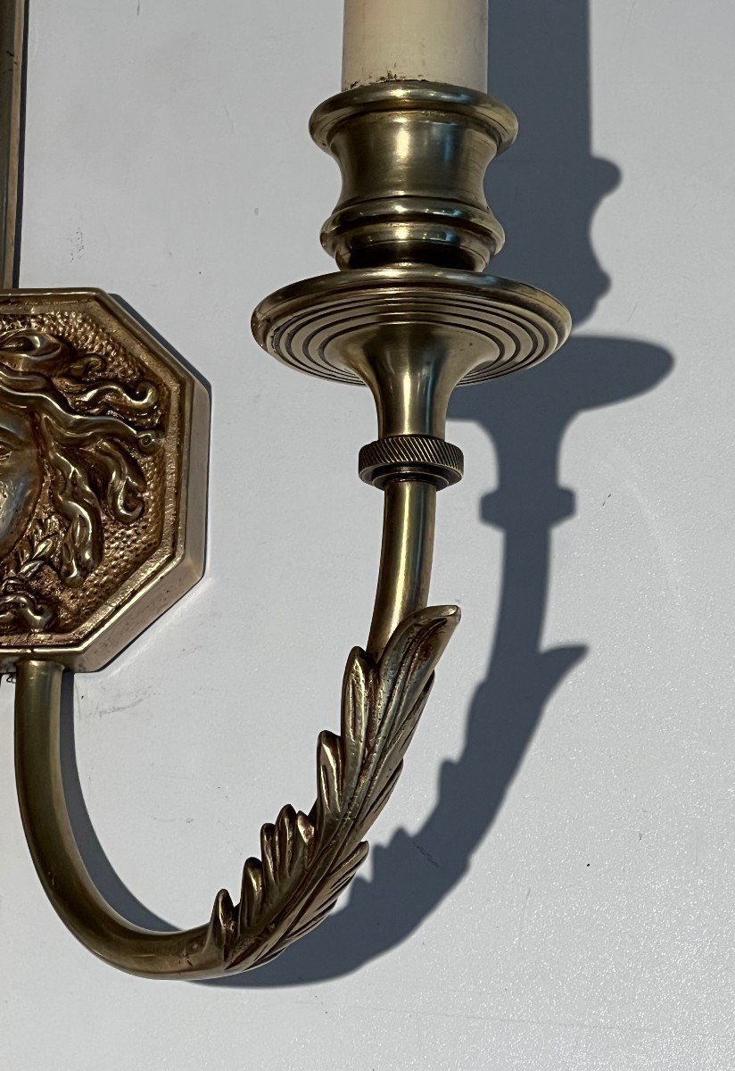 Pair Of Bronze Wall Sconces Presenting A Bronze Arrow Bearing The Effigy Of The Sun King. -photo-3