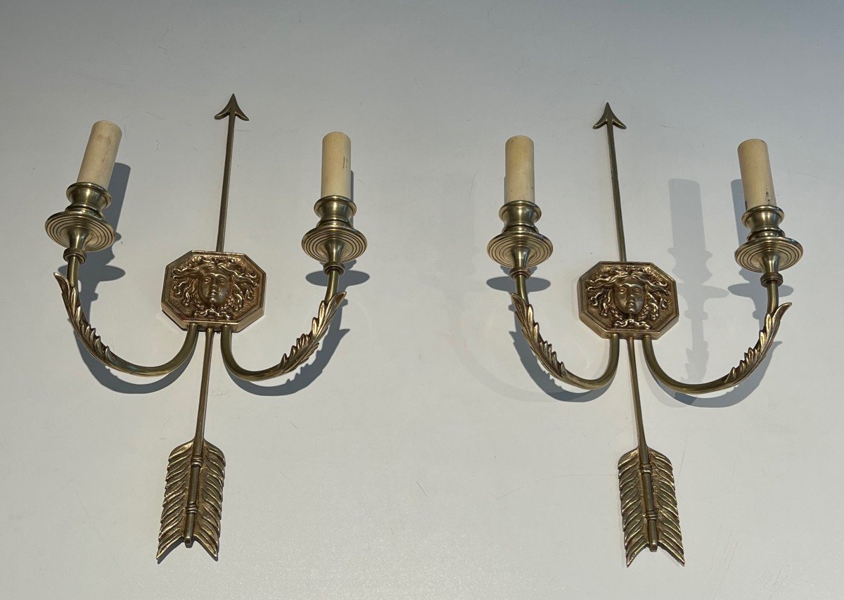 Pair Of Bronze Wall Sconces Presenting A Bronze Arrow Bearing The Effigy Of The Sun King. -photo-7