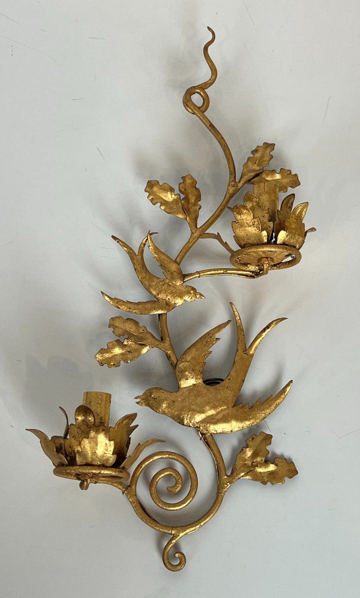 Pair Of Gilded Metal Birds Wall Sconces. French Work In The Style Of Maison Baguès. Circa 1970-photo-2