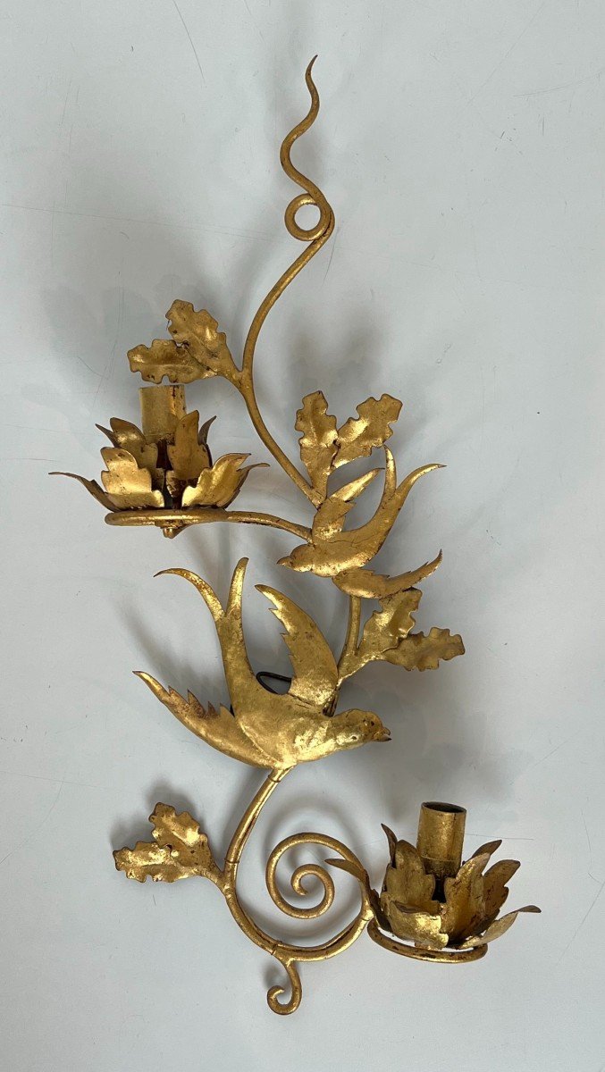 Pair Of Gilded Metal Birds Wall Sconces. French Work In The Style Of Maison Baguès. Circa 1970-photo-3