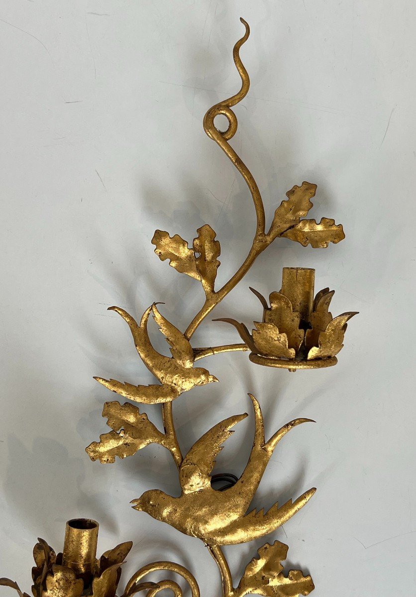 Pair Of Gilded Metal Birds Wall Sconces. French Work In The Style Of Maison Baguès. Circa 1970-photo-4