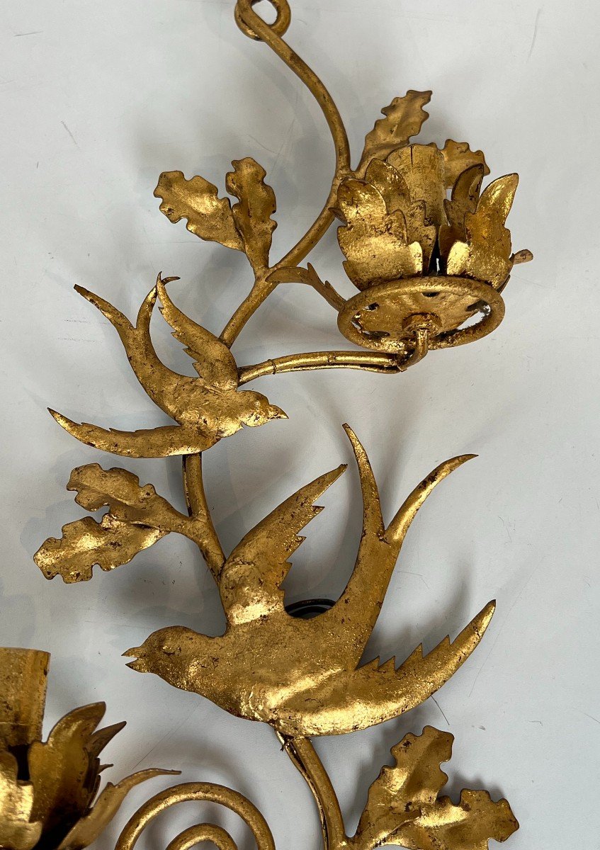 Pair Of Gilded Metal Birds Wall Sconces. French Work In The Style Of Maison Baguès. Circa 1970-photo-1