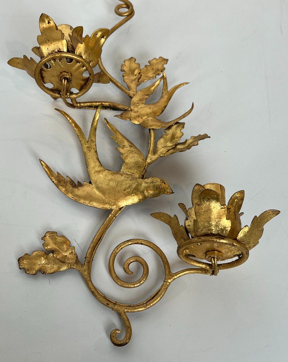 Pair Of Gilded Metal Birds Wall Sconces. French Work In The Style Of Maison Baguès. Circa 1970-photo-3