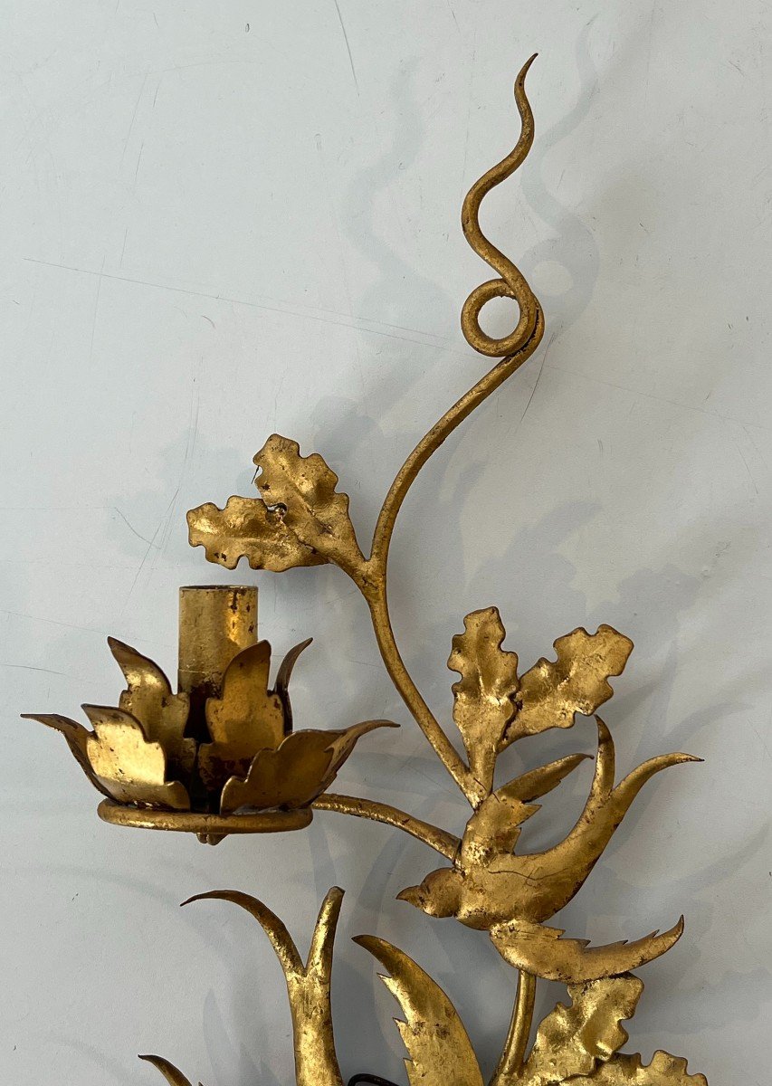 Pair Of Gilded Metal Birds Wall Sconces. French Work In The Style Of Maison Baguès. Circa 1970-photo-5