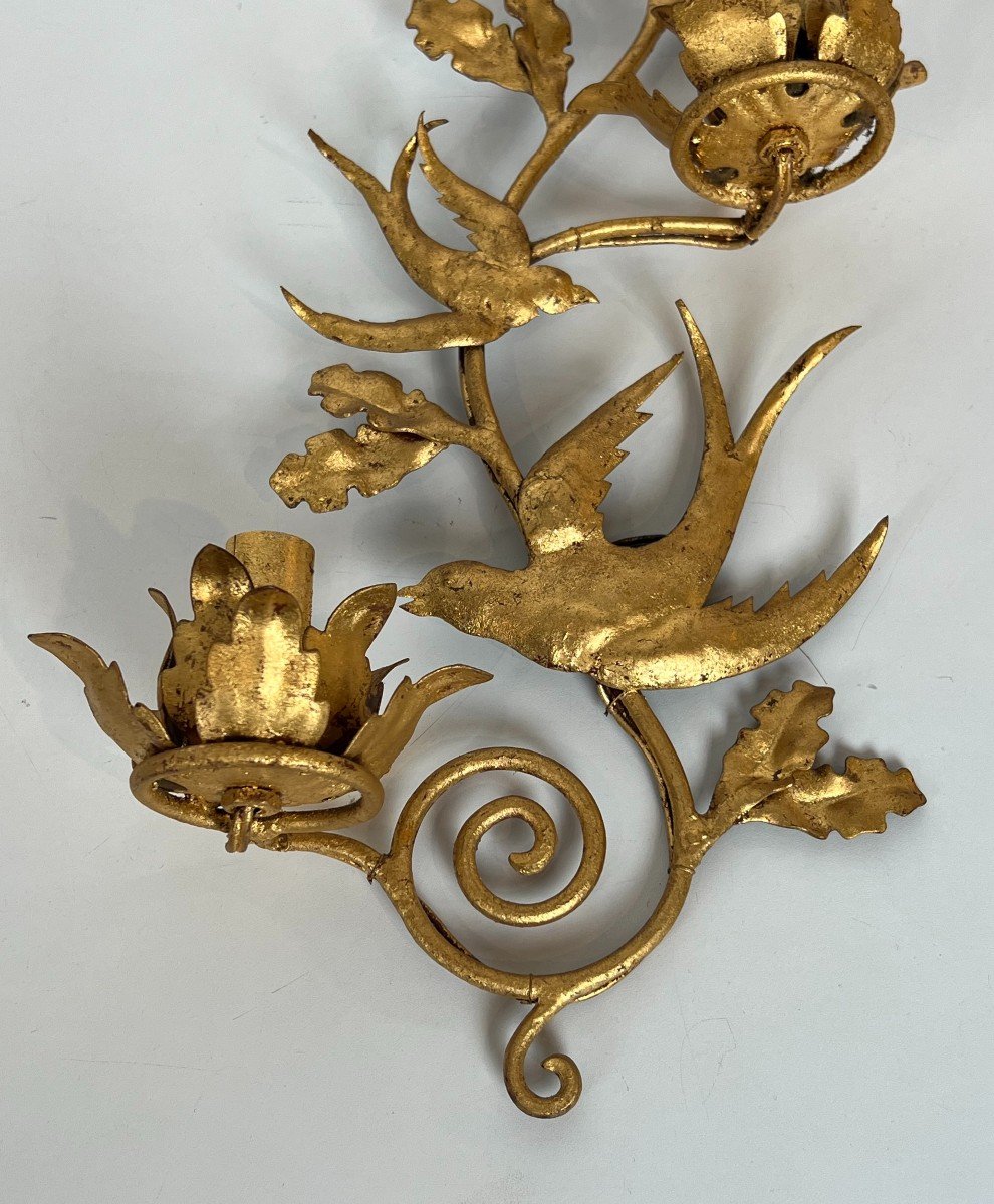 Pair Of Gilded Metal Birds Wall Sconces. French Work In The Style Of Maison Baguès. Circa 1970-photo-6