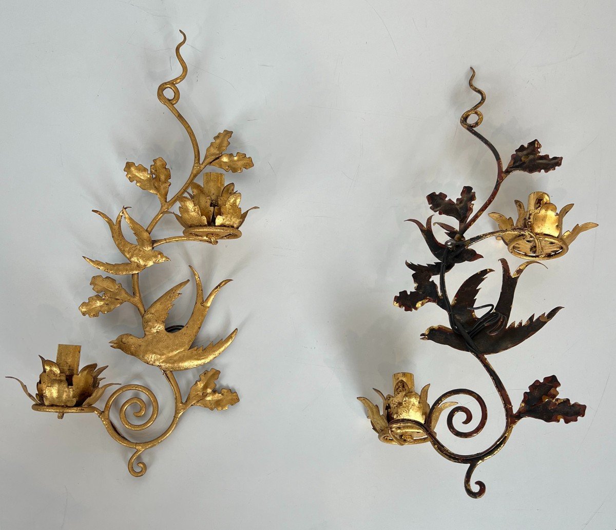 Pair Of Gilded Metal Birds Wall Sconces. French Work In The Style Of Maison Baguès. Circa 1970-photo-7