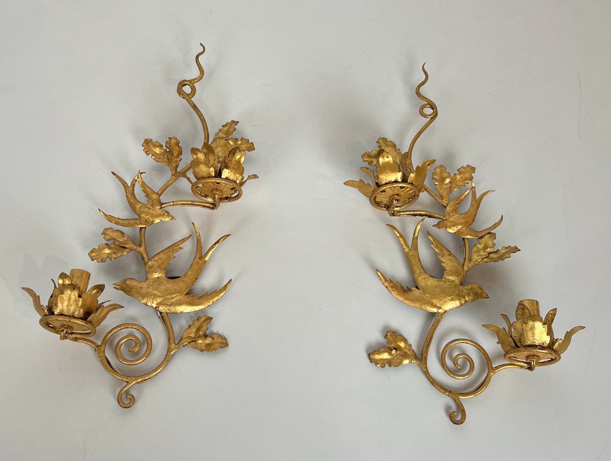 Pair Of Gilded Metal Birds Wall Sconces. French Work In The Style Of Maison Baguès. Circa 1970