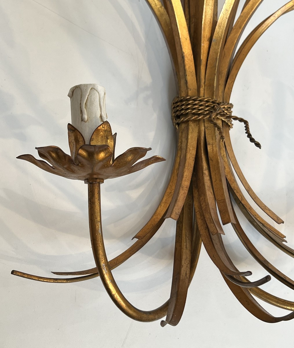 Coco Channel Large Pair Of Gilt Metal Ears Of Wheat Wall Sconces. French. Circa 1970-photo-4