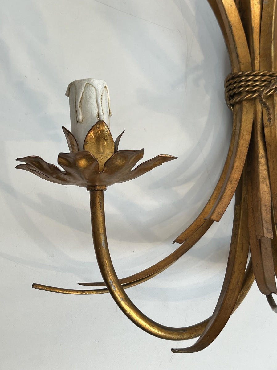 Coco Channel Large Pair Of Gilt Metal Ears Of Wheat Wall Sconces. French. Circa 1970-photo-5